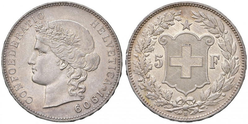 Svizzera. Confederazione (1848-). Da 5 franchi 1909 (Berna) AG. Divo-Tobler 297....