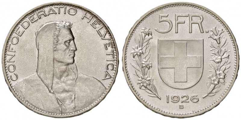 Svizzera. Confederazione (1848-). Da 5 franchi 1926 (Berna) AG. Divo-Tobler 300....