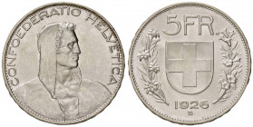 Svizzera. Confederazione (1848-). Da 5 franchi 1926 (Berna) AG. Divo-Tobler 300. Davenport 394. Fondi speculari, FDC