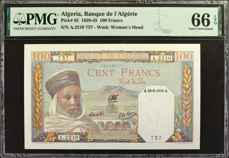 ALGERIA. Banque de l'Algérie. 100 Francs, 1939-45. P-85. PMG Gem Uncirculated 66...