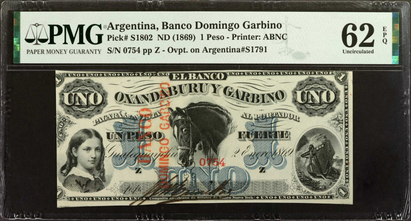 ARGENTINA. El Banco Oxandaburu y Garbino. 1 Peso, ND (1869). P-S1802. PMG Uncirc...