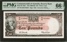 AUSTRALIA. Reserve Bank of Australia. 10 Pounds, ND (1960-65). P-36. PMG Gem Uncirculated 66 EPQ.

Watermark of Cook. Signature title of Governor R....