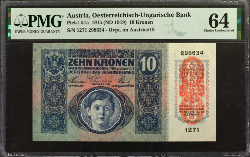 AUSTRIA. Oesterreichisch-Ungarische Bank. 10 Kronen, 1915 (ND 1919). P-51a. PMG ...