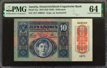 AUSTRIA. Oesterreichisch-Ungarische Bank. 10 Kronen, 1915 (ND 1919). P-51a. PMG Choice Uncirculated 64.

PMG comments "Small Tear."

Estimate: $50...