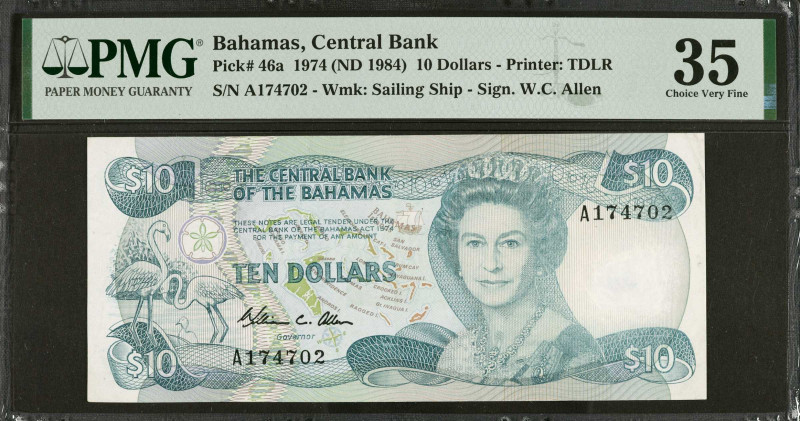 BAHAMAS. Lot of (3). The Central Bank of the Bahamas. 1/2, 3 & 10 Dollars, 1974 ...