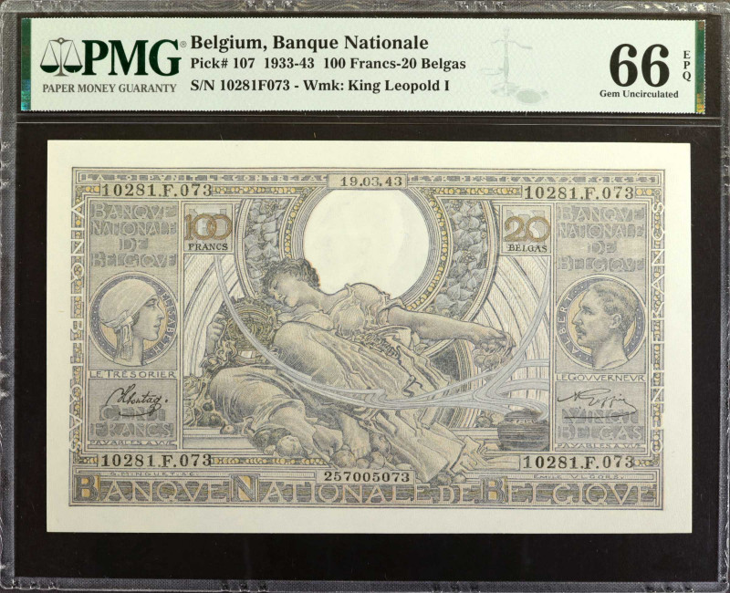 BELGIUM. Nationale Bank Van Belgie. 100 Francs-20 Belgas, 1933-43. P-107. PMG Ge...