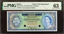 BELIZE. The Government of Belize. 20 Dollars, ND (1974-76). P-37cts. Color Trial Specimen. PMG Choice Uncirculated 63.

Specimen No. 016. Dual punch...