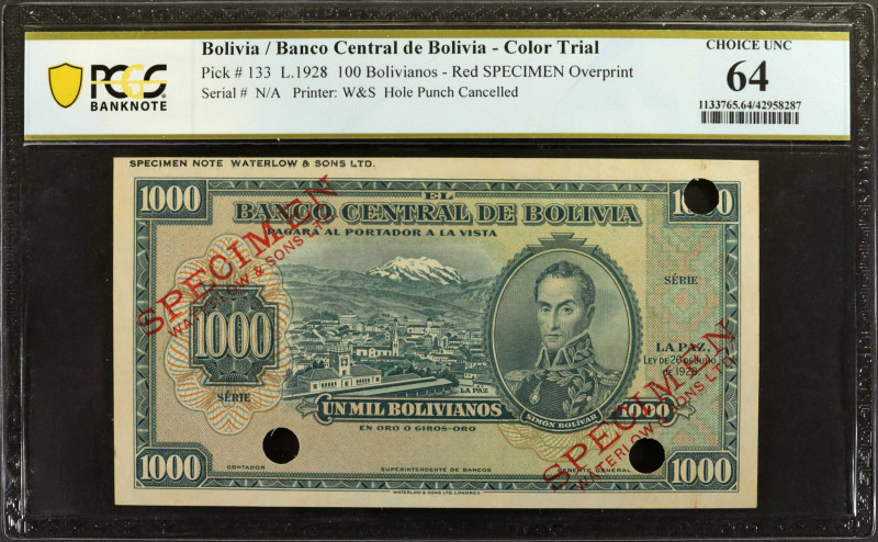 BOLIVIA. Banco Central de Bolivia. 100 Bolivianos, 1928. P-133. Specimen-Color T...