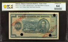 BOLIVIA. Banco Central de Bolivia. 100 Bolivianos, 1928. P-133. Specimen-Color Trial. PCGS Banknote Choice Uncirculated 64.

Red specimen overprint....