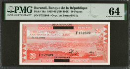 BURUNDI. Banque de la Republique du Burundi. 50 Francs, 1965-66 (ND 1966). P-16a. PMG Choice Uncirculated 64.

Estimate: $400.00 - $500.00