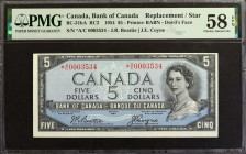 CANADA. Bank of Canada. 5 Dollars, 1954. BC-31bA. Replacement. PMG Choice About Uncirculated 58 EPQ.

Printed by BABN. Devil's Face. Replacement. Si...