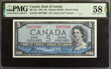 CANADA. Bank of Canada. 5 Dollars, 1954. BC-31a. PMG Choice About Uncirculated 58 EPQ.

Printed by BABN. Devil's Face. Signature combination of J.E....