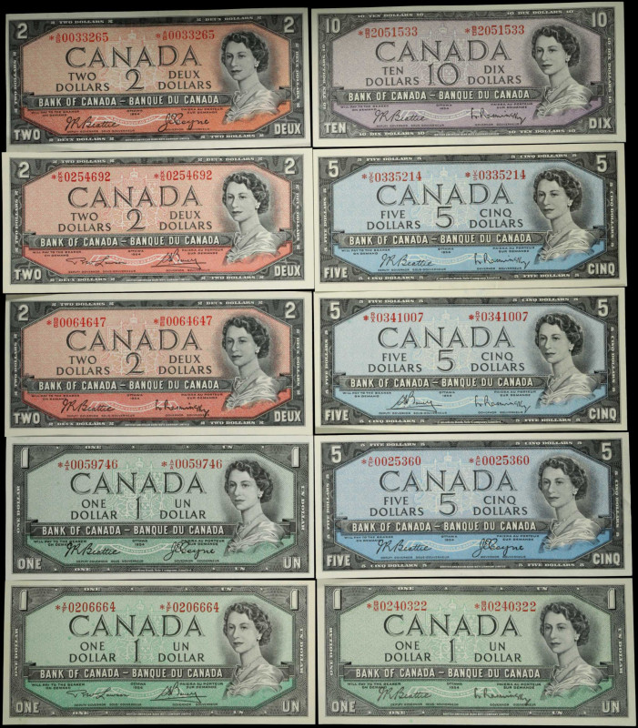 CANADA. Lot of (10). Bank of Canada. 1, 2, 5 & 10 Dollars, 1954. P-Various. Repl...