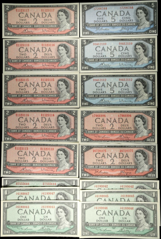 CANADA. Lot of (17). Bank of Canada. 1, 2 & 5 Dollars, 1954. P-Various. About Un...
