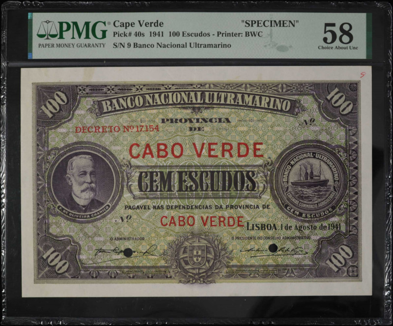 CAPE VERDE. Banco Nacional Ultramarino. 1000 Escudos, 1941. P-40s. Specimen. PMG...