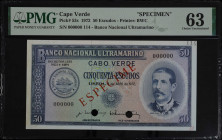 CAPE VERDE. Banco Nacional Ultramarino. 50 Escudos, 1972. P-53s. Specimen. PMG Choice Uncirculated 63.

Estimate: $100.00 - $200.00