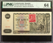 CZECHOSLOVAKIA. Slovenska Narodna Banka. 1000 Korun, 1940 (ND 1945). P-56a. PMG Choice Uncirculated 64.

Stamp on Slovakia P-13.

Estimate: $400.0...