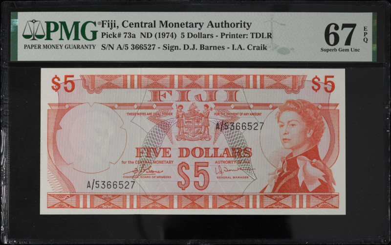 FIJI. Central Monetary Authority of Fiji. 5 Dollars, ND (1974). P-73a. PMG Super...