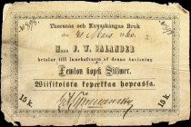 FINLAND. Herr F.W. Palander. 15 Kopek, 1860. P-Unlisted. Very Good.

No. 898. A private issue 15 Kroner note, seen here in VG condition. Pinholes, i...