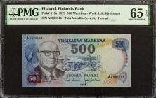 FINLAND. Finlands Bank. 500 Markkaa, 1975. P-110a. PMG Gem Uncirculated 65 EPQ.

Thin metallic security thread. Watermark of U.K. Kekkonen.

Estim...