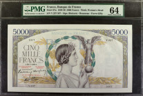 FRANCE. Banque de France. 5000 Francs, 1938-40. P-97a. PMG Choice Uncirculated 64.

Watermark of Woman's Head. Signature combination of Bletterie - ...