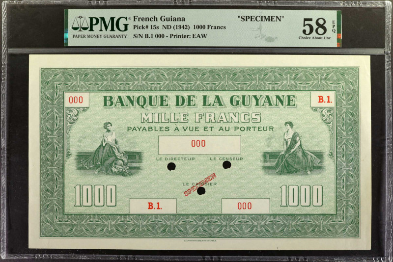 FRENCH GUIANA. Banque de la Guyane. 1000 Francs, ND (1942). P-15s. Specimen. PMG...