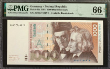 GERMANY, FEDERAL REPUBLIC. Deutsche Bundesbank. 1000 Deutsche Mark, 1991. P-44a. PMG Gem Uncirculated 66 EPQ.

Dated August 1st, 1991. Signature com...