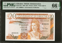 GIBRALTAR. Government of Gibraltar. 20 Pounds, 1986. P-23c. PMG Gem Uncirculated 66 EPQ.

Printed by TDLR. Vibrant colors stand out on this Gem.

...