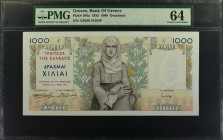 GREECE. Bank of Greece. 1000 Drachmai, 1935. P-106a. PMG Choice Uncirculated 64.

A large format 1000 Drachmai note, offered here in a Choice Uncirc...