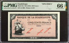 GUADELOUPE. Banque de la Guadeloupe. 500 Francs, ND (1942). P-25s. Specimen. PMG Gem Uncirculated 66 EPQ.

Printed by EAW. Specimen.

Estimate: $4...