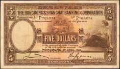 HONG KONG. Hong Kong & Shanghai Banking Corporation. 5 Dollars, 1941. P-173c. Fine.

Pinholes and light staining are noticed.

Estimate: $60.00 - ...