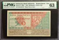 INDONESIA. Bank of Indonesia. 500 Rupiah, 1952. P-47*. Replacement. PMG Choice Uncirculated 63.

Estimate: $150.00 - $250.00