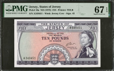 JERSEY. The States of Jersey. 10 Pounds, ND (1972). P-10a. PMG Superb Gem Uncirculated 67 EPQ.

Watermark of Jersey Cow. Printed by TDLR. Signature ...