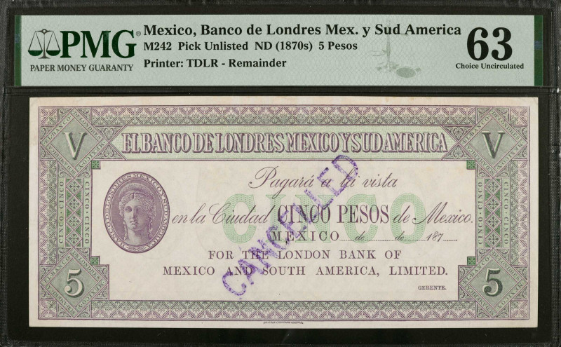 MEXICO. Banco De Londres Mexico Y Sud America. 5 Pesos, ND (1870s). P-Unlisted. ...