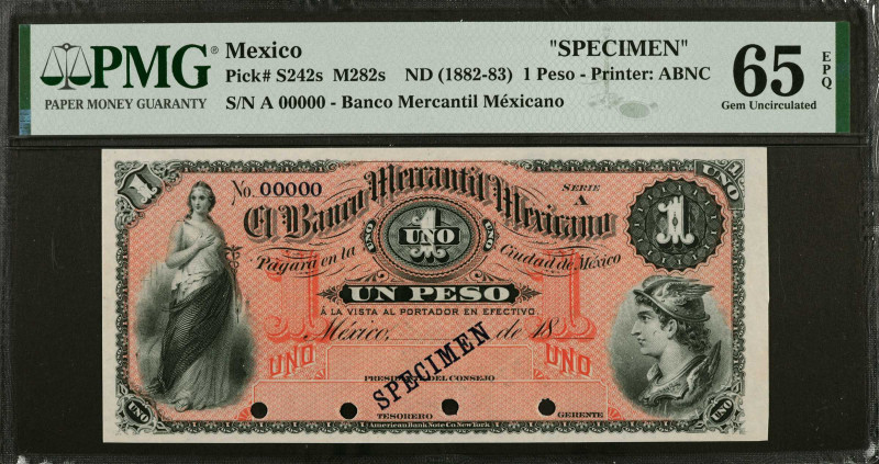 MEXICO. Banco Mercantil Mexicano. 1 Peso, ND (1882-83). P-S242s. Specimen. PMG G...