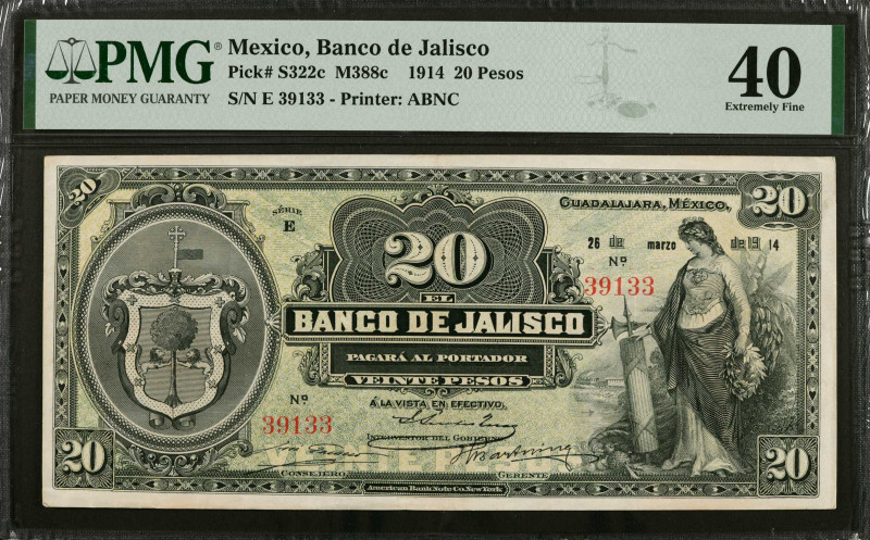 MEXICO. Banco de Jalisco. 20 Pesos, 1914. P-S322c. PMG Extremely Fine 40.

(M3...