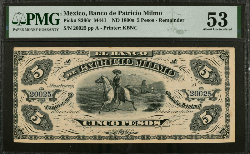 MEXICO. Banco de Patricio Milmo. 5 Pesos, ND 1800s. P-S366r. Remainder. PMG Abou...