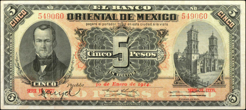 MEXICO. El Banco Oriental de Mexico. 5 Pesos, 1914. P-S381c. Fine.

Pinholes a...