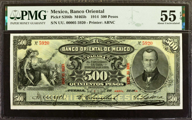 MEXICO. El Banco Oriental de Mexico. 500 Pesos, 1914. P-S386b. PMG About Uncircu...