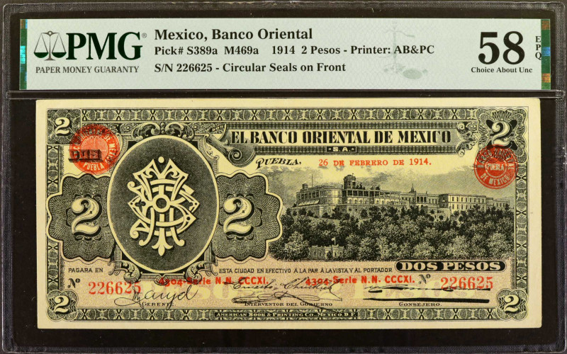 MEXICO. El Banco Oriental de Mexico. 2 Pesos, 1914. P-S389a. PMG Choice About Un...