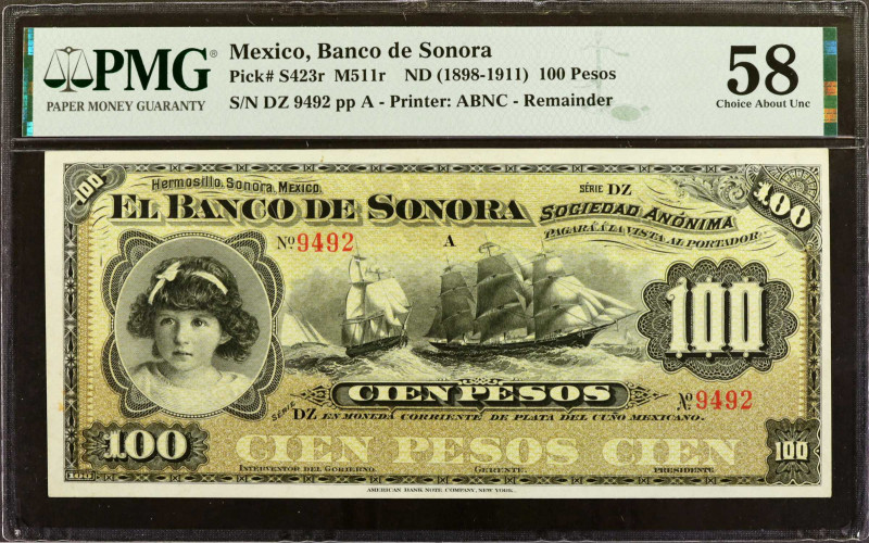 MEXICO. El Banco de Sonora. 100 Pesos, ND (1898-1911). P-S423r. Remainder. PMG C...