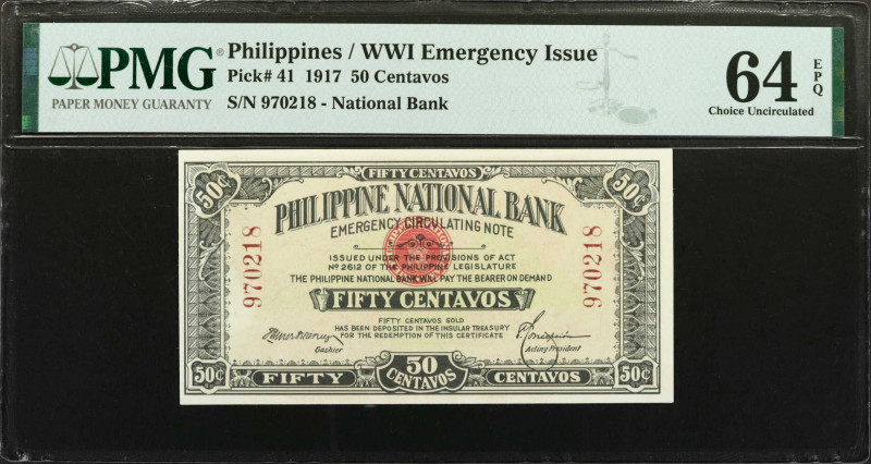 PHILIPPINES. Philippine National Bank. 50 Centavos, 1917. P-41. WWI Emergency Is...