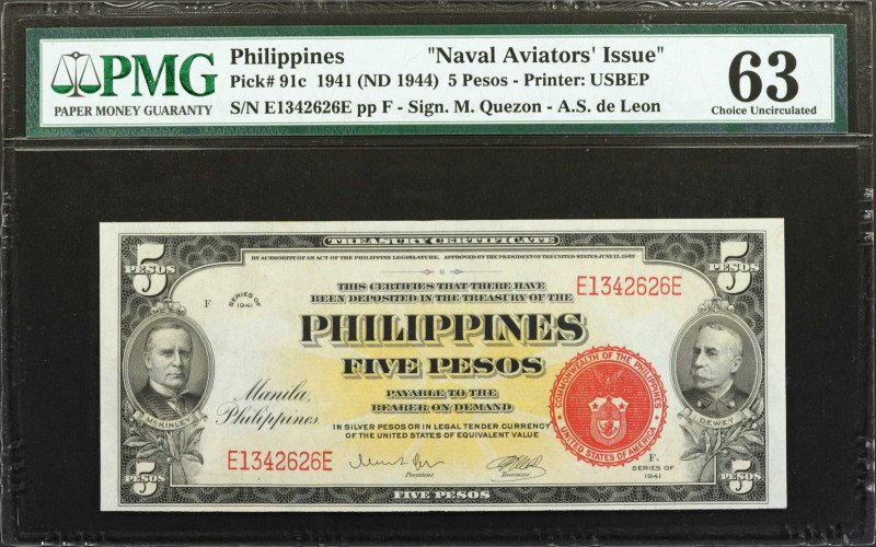 PHILIPPINES. The Treasury of the Philippines. 5 Pesos, 1941 (ND 1944). P-91c. Na...