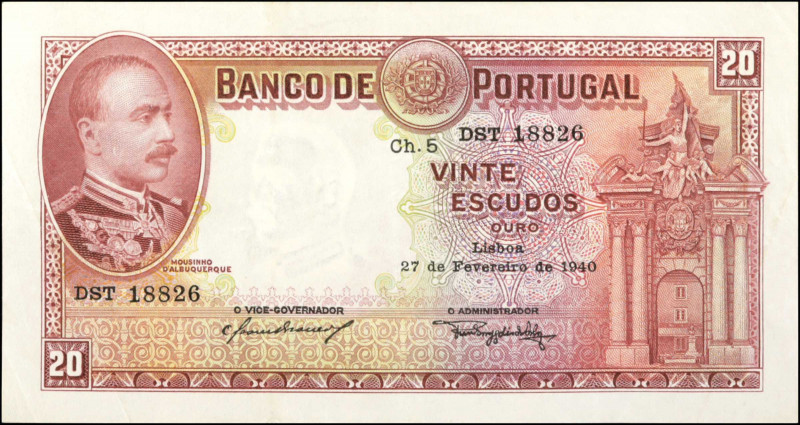 PORTUGAL. Banco de Portugal. 20 Escudos, 1940. P-143. Extremely Fine.

Estimat...