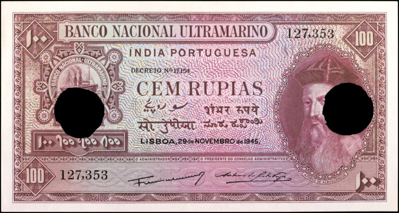 PORTUGUESE INDIA. Banco Nacional Ultramarino. 100 Rupias, 1945. P-39. About Unci...