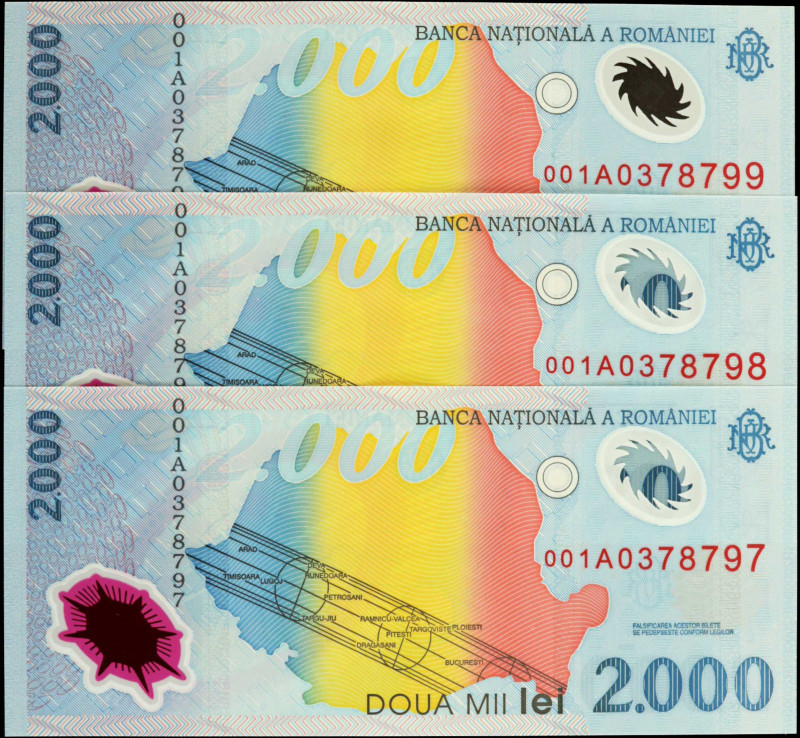 ROMANIA. Lot of (3). Banca Nationala a Romaniei. 2000 Lei, 1999. P-111. Consecut...