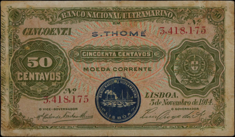 SAINT THOMAS & PRINCE. Banco Nacional Ultramarino. 50 Centavos, 1914. P-15. Fine...