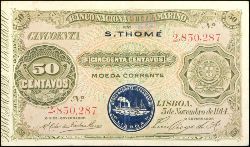 SAINT THOMAS & PRINCE. Banco Nacional Ultramarino. 50 Centavos, 1914. P-15. Very...