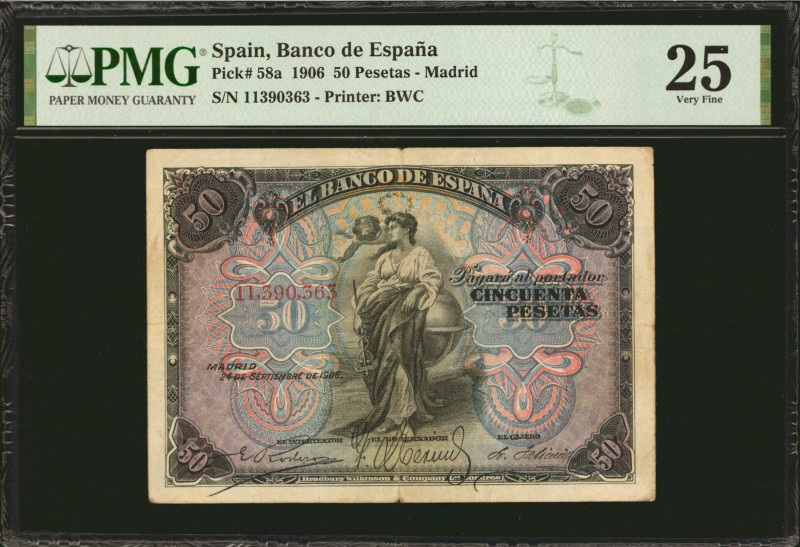 SPAIN. Banco de Espana. 50 Pesetas, 1906. P-58a. PMG Very Fine 25.

Estimate: ...