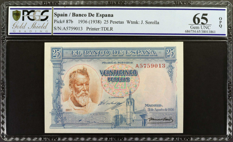 SPAIN. Banco de Espana. 25 Pesetas, 1936 (1938). P-87b. PCGS Banknote Gem Uncirc...